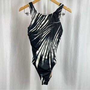 Carol Wior Vintage Size 10 Ruched Side Open Back Swimsuit Abstract High Side 80s